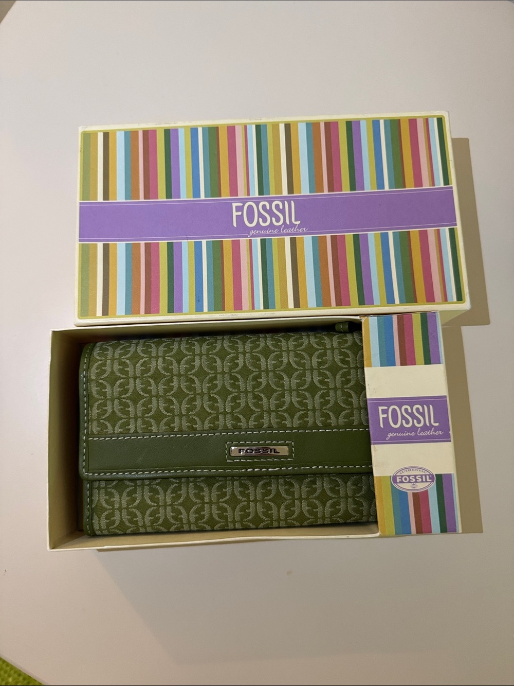 NEW Fossil Green Signature Monogram Trifold Wallet